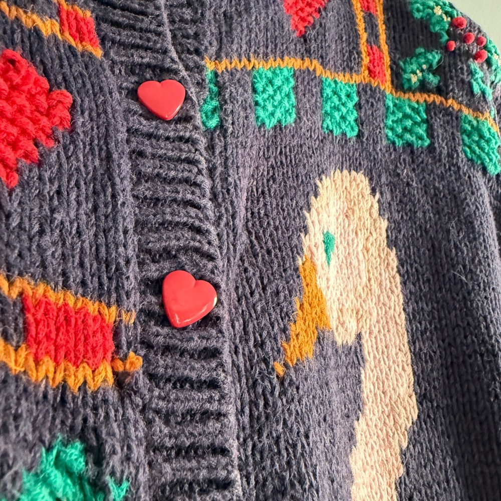 Vtg Casual Corner Christmas Porch Goose Heart Button Cardigan Sweater Navy Small - Picture 5 of 9